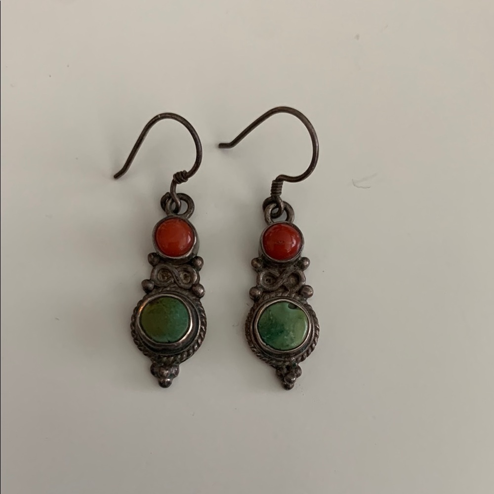 🧡 Vintage Silver Earrings with Red and Green Accent Stones